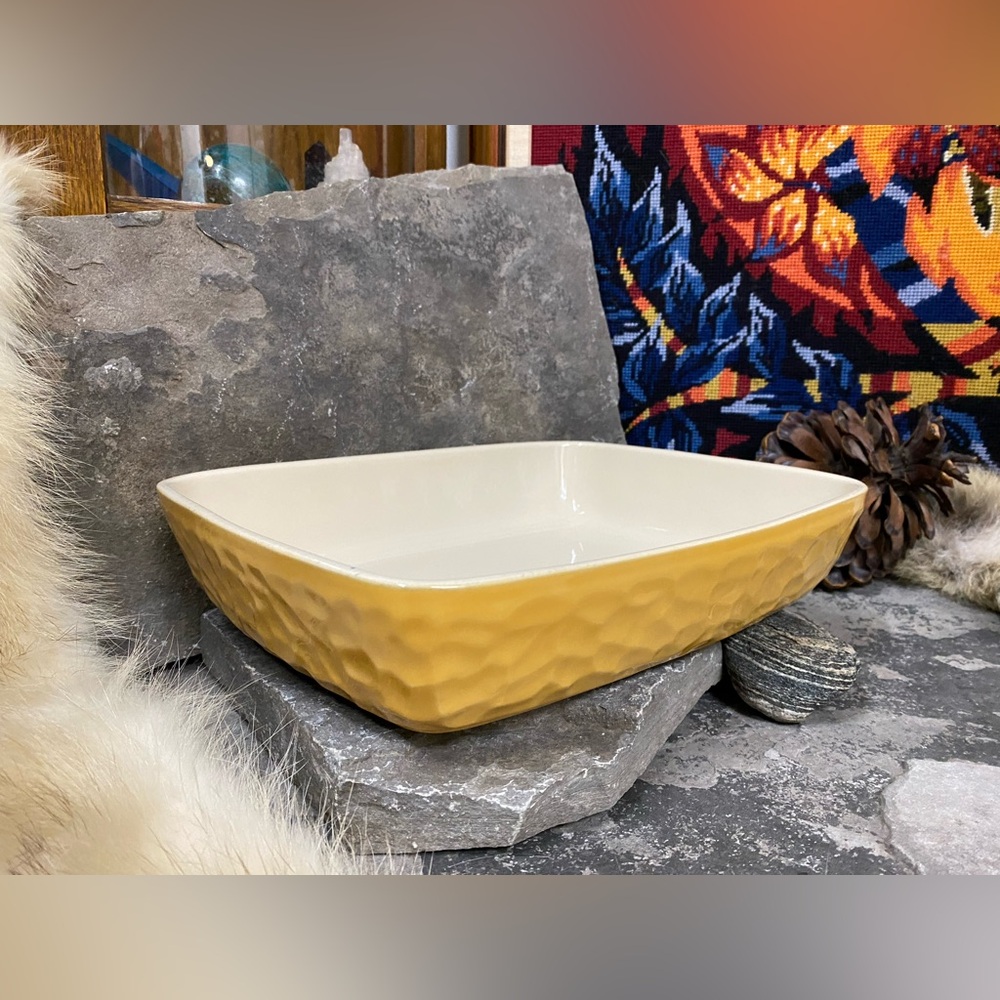 LARGE Mustard Yellow and Cream Rectangular Ceramic Casserole Dish